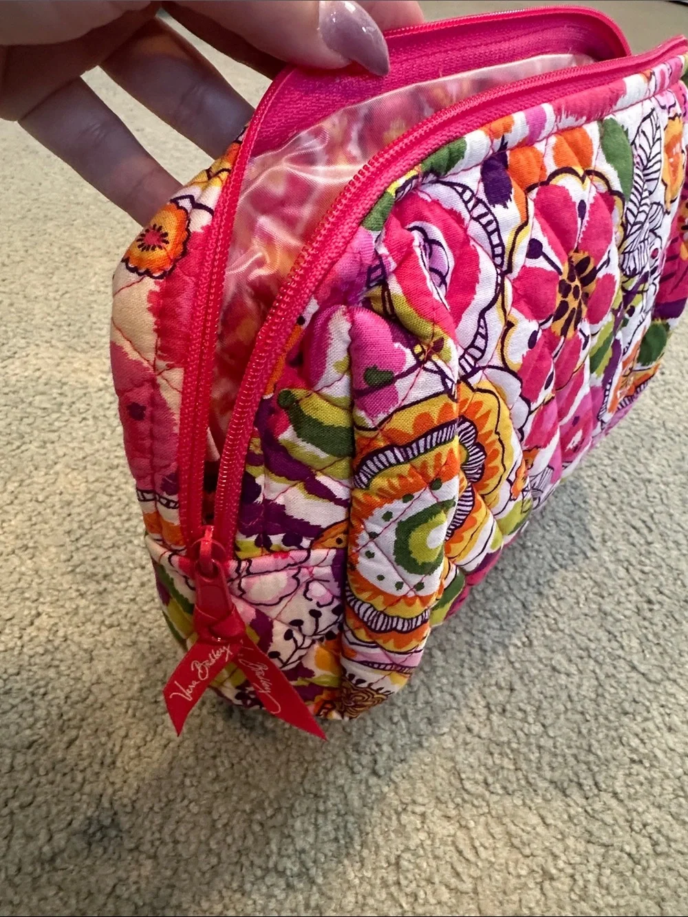 Vera Bradley Pink Floral Quilted Cosmetic Bag with Multicolor Blooms